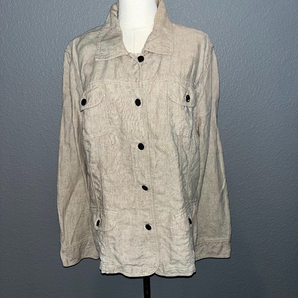J. JILL 100% Linen Barn Chore Jacket Lagenlook Brass Buttons Oatmeal EUC M/L